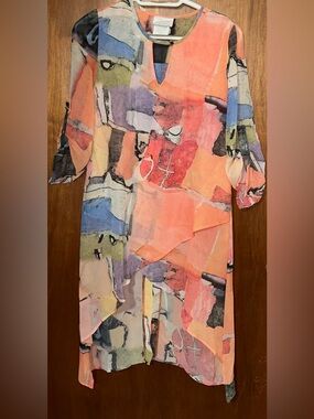 Abstract Print Layered Tunic Top - Coral Multi